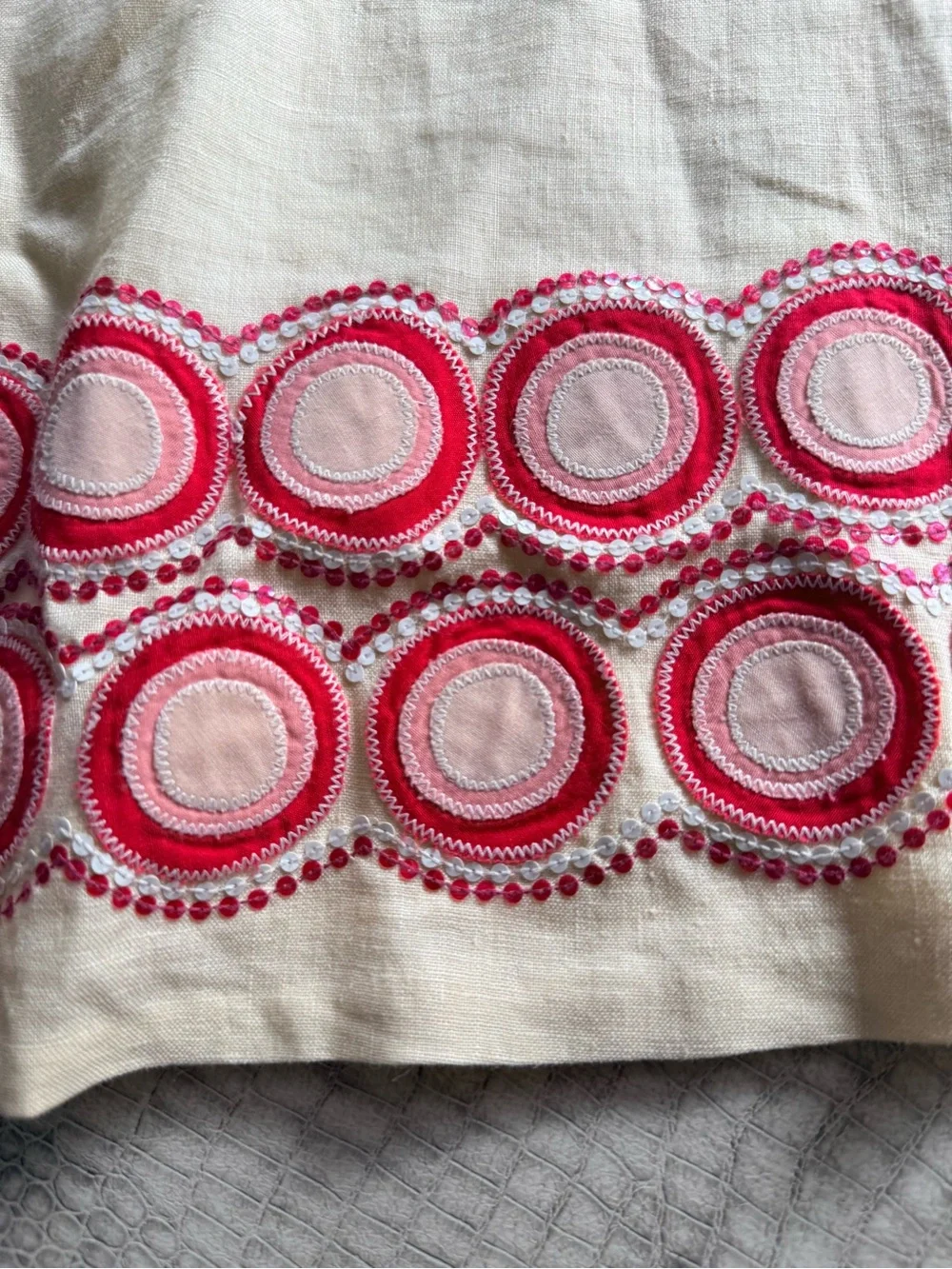 90s JCrew Linen Flare Skirt with Pink Embroidered Trim